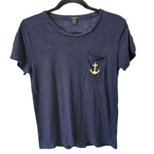 J CREW 100% LINEN Navy Blue Anchor Collector T- SHIRT WOMEN'S CASUAL Sz Small
